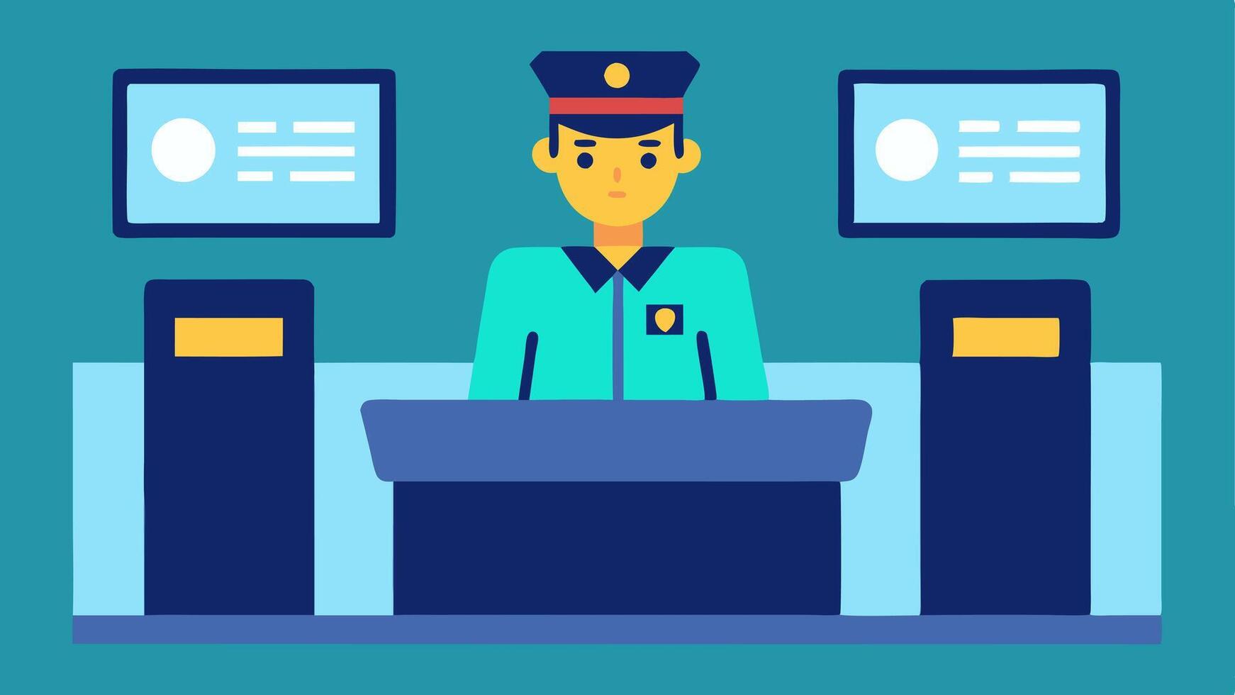 Security Staff Monitor A security staff member at a control desk observing multiple screens displaying biometric data from incoming travelers at the checkin area.. vector