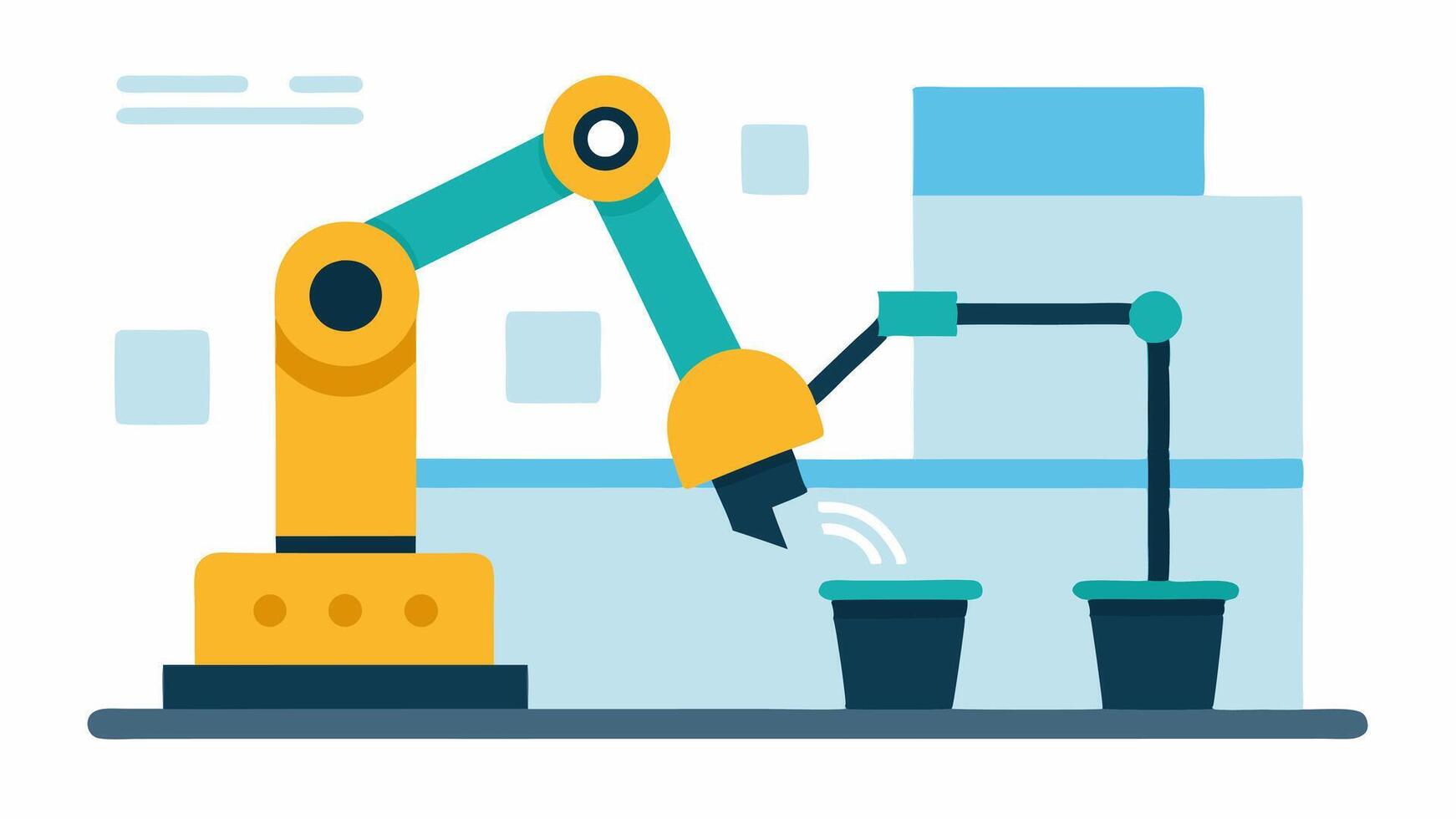 Robotic Arm Cleaning A robot equipped with a cleaning attachment maintains the cleanliness of the manufacturing floor showcasing an automated approach to workplace hygiene.. vector