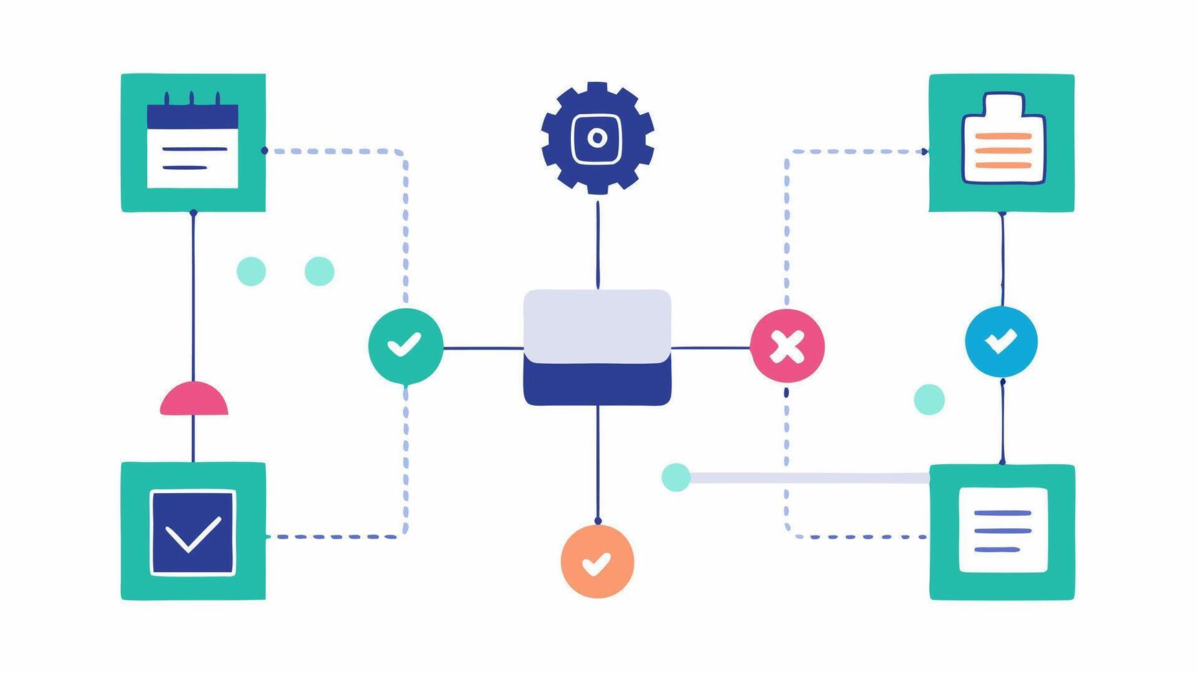 Smart Contract Generation A flowchart illustrating the steps of an AI system creating a smart contract from user input with AI icons processing information in each step.. vector