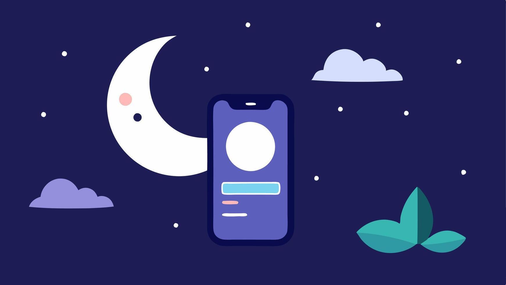 Sleep Tracking A serene depiction of a sleep tracking feature showing a peaceful night scene with a users phone displaying sleep quality metrics and a calming moon icon.. vector