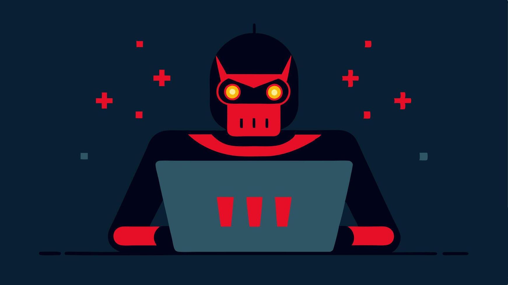 Robot Hacker A menacing robot character with glowing red eyes typing furiously on a laptop representing an AIdriven cyberattack. Code and binary numbers flow around it to. vector