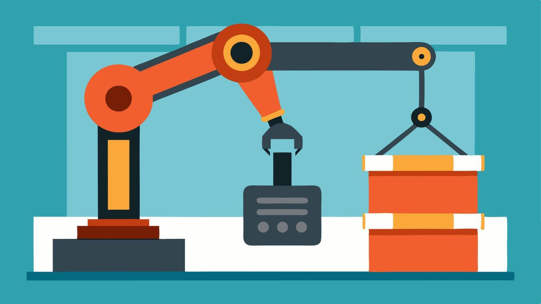 Robotic Arm lifting Heavy Parts A powerful robotic arm lifts a large metal part with ease showcasing its strength and capability to handle heavy loads in a manufacturing facility.. vector