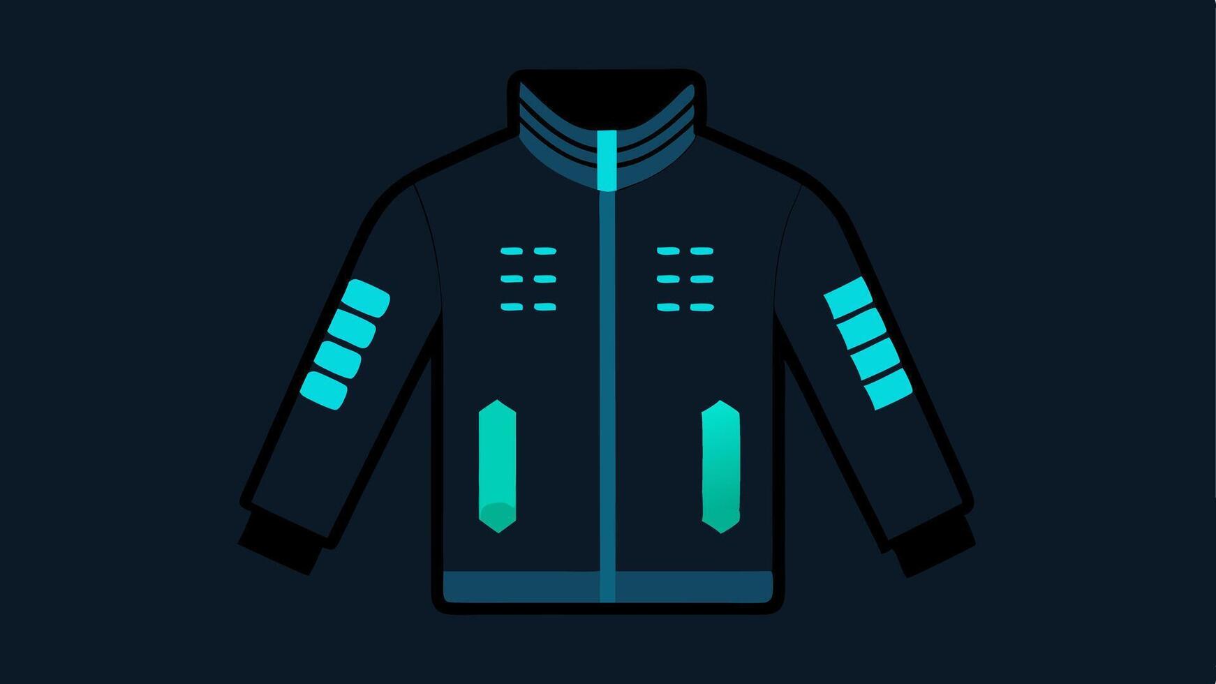 Smart Jacket with LED Patterns A stylish jacket embedded with LED lights that create dynamic patterns responding to music beats and environmental sounds.. vector