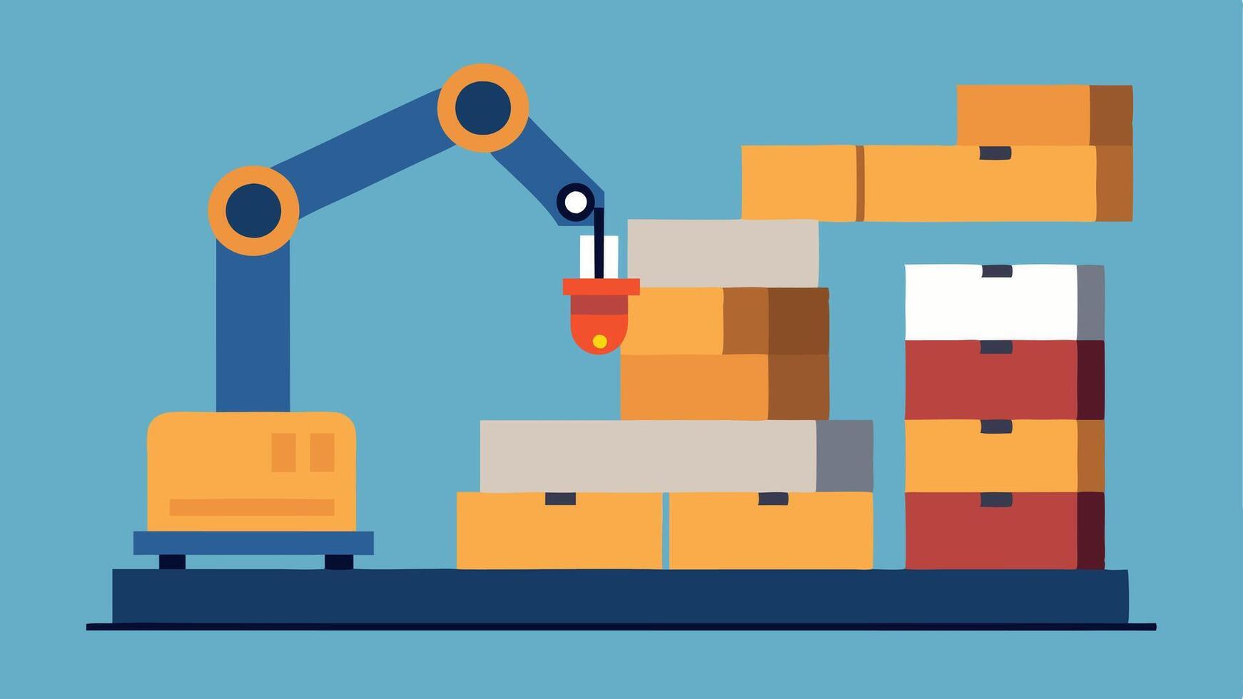 Robotic Palletizer A robotic arm stacks boxes or products onto a pallet demonstrating efficient packing techniques in a warehouse setting optimizing space.. vector