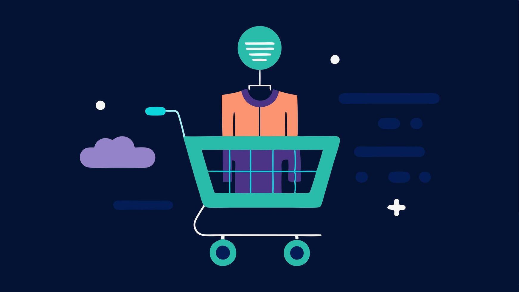 Shopping Cart Suggestions A shopping cart filled with clothing items with an AI hologram floating above it showing interactive visual elements of the items being suggested.. vector