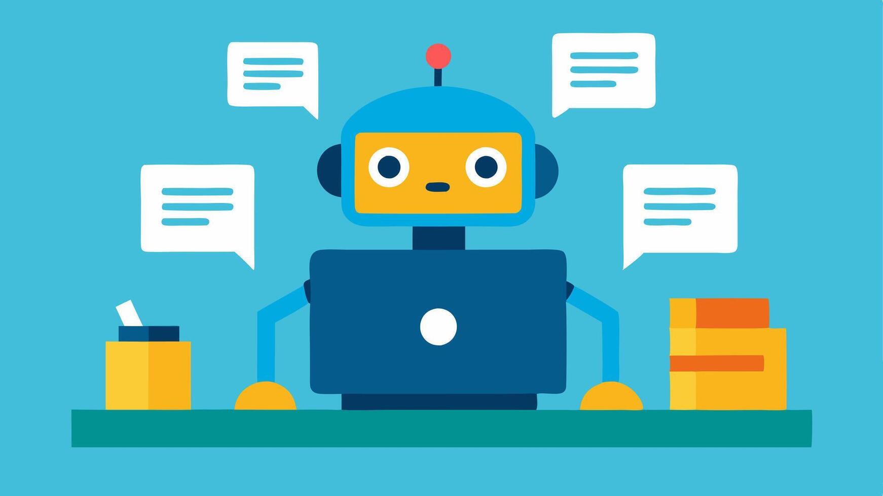 Robot Typist A friendly robot sitting at a desk using a computer typing away while documents and data files float around it symbolizing data entry automation.. vector