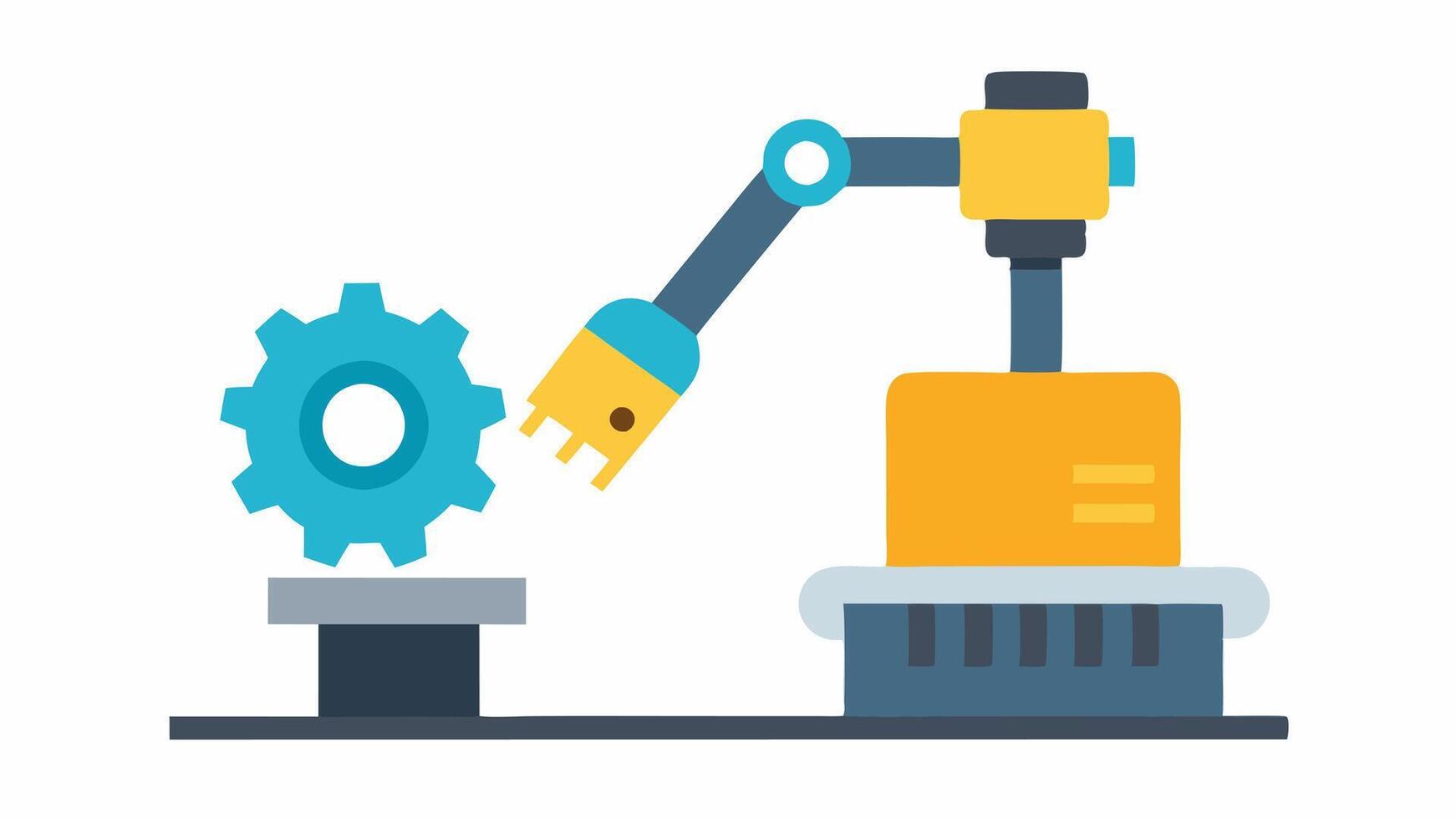 Robotic Arm Assembling Gear A robotic arm with a sleek design grips a metal gear carefully placing it onto a conveyor belt alongside other assembled parts.. vector