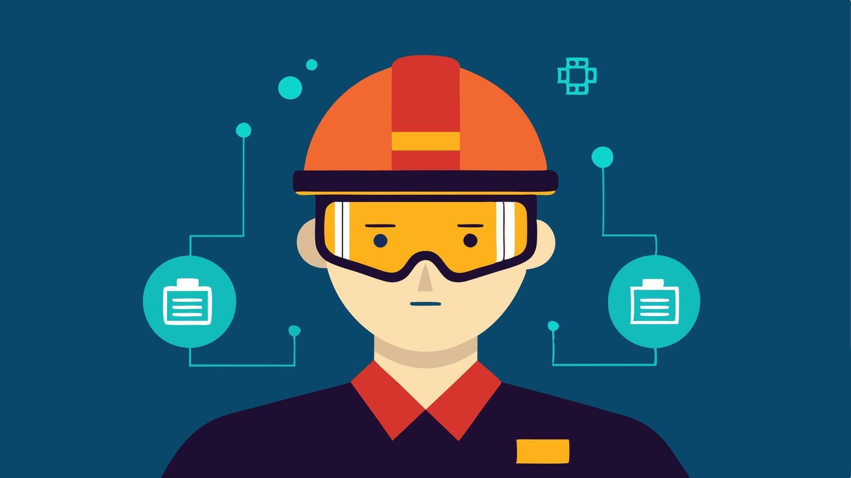 Smart Glasses in Production An illustration of a worker wearing smart glasses with a headsup display showing realtime defect alerts generated by an AI system.. vector