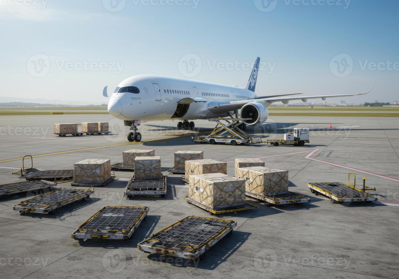 Airbus A350 parked at the airport terminal with cargo boxes ready for loading. photo