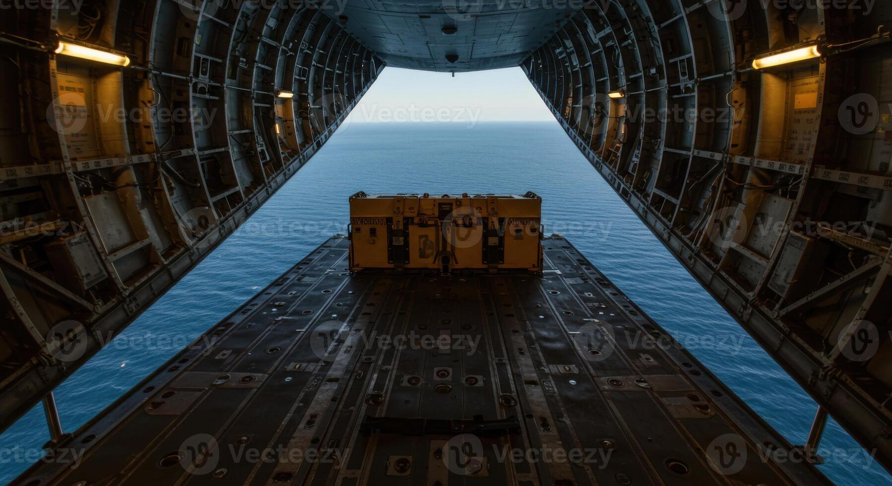 Inside view of a cargo plane with the rear open, revealing the sea and a crate of cargo. photo