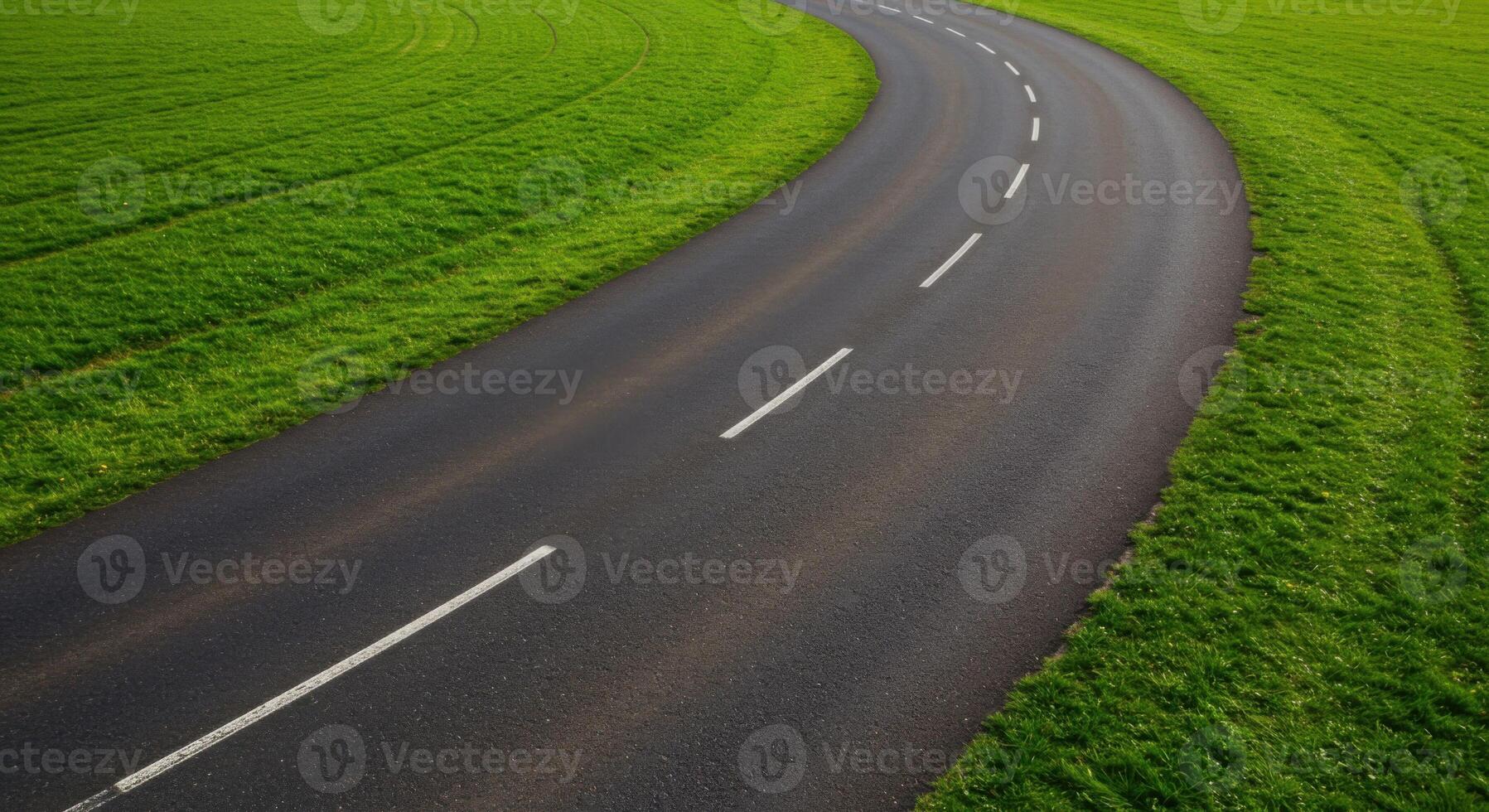 A smooth, curving road cuts through bright green fields, leading the way into the distance. photo