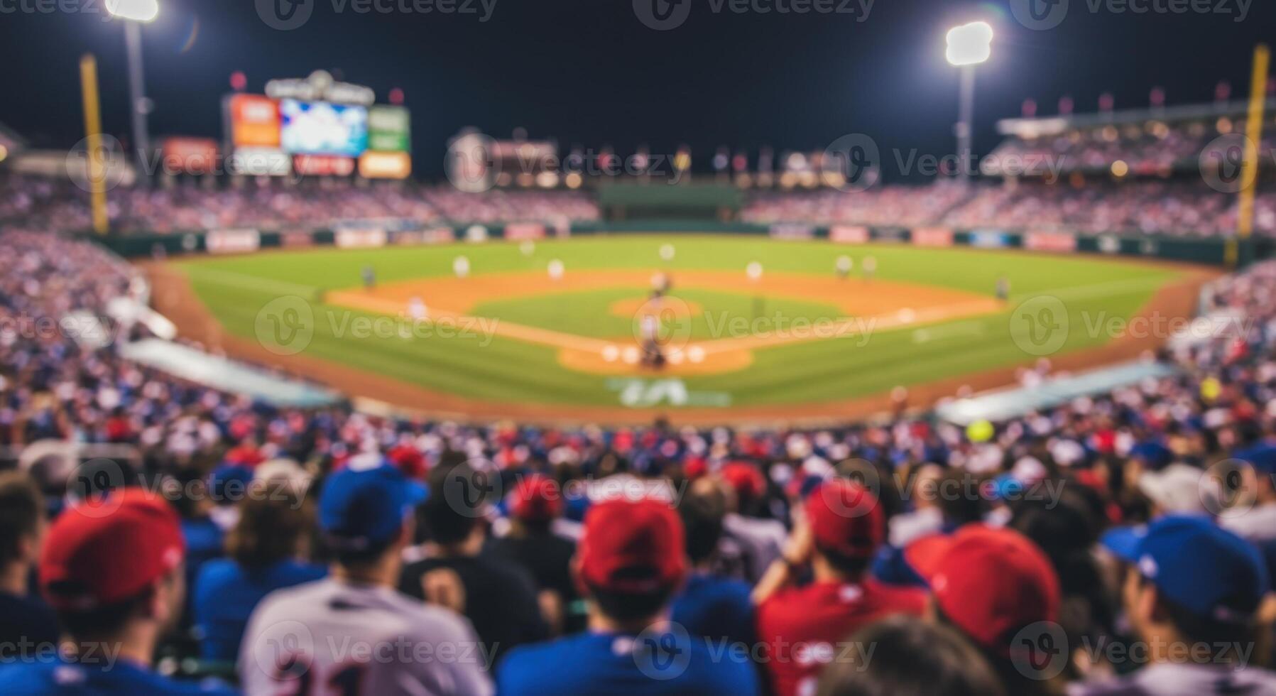 A blurry view of a baseball game in the stadium with fans filling the stands at night. photo