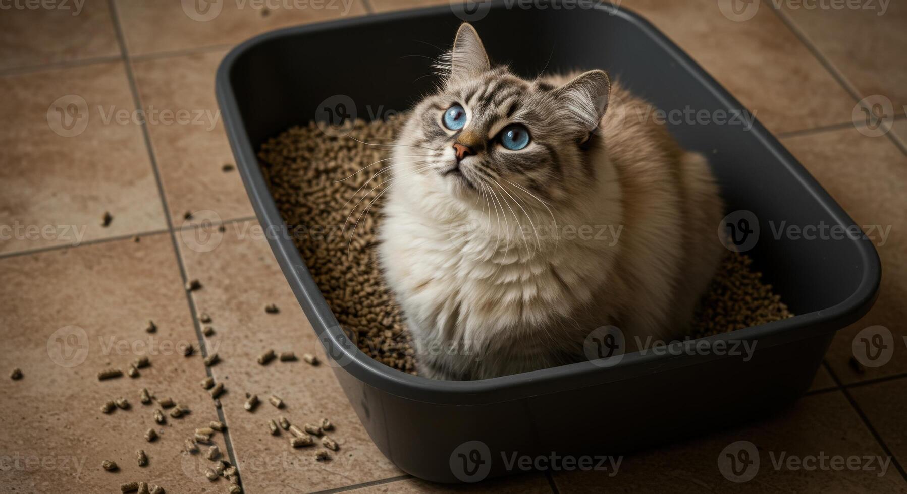 A gorgeous cat with captivating blue eyes rests peacefully in its litter box, looking up. photo
