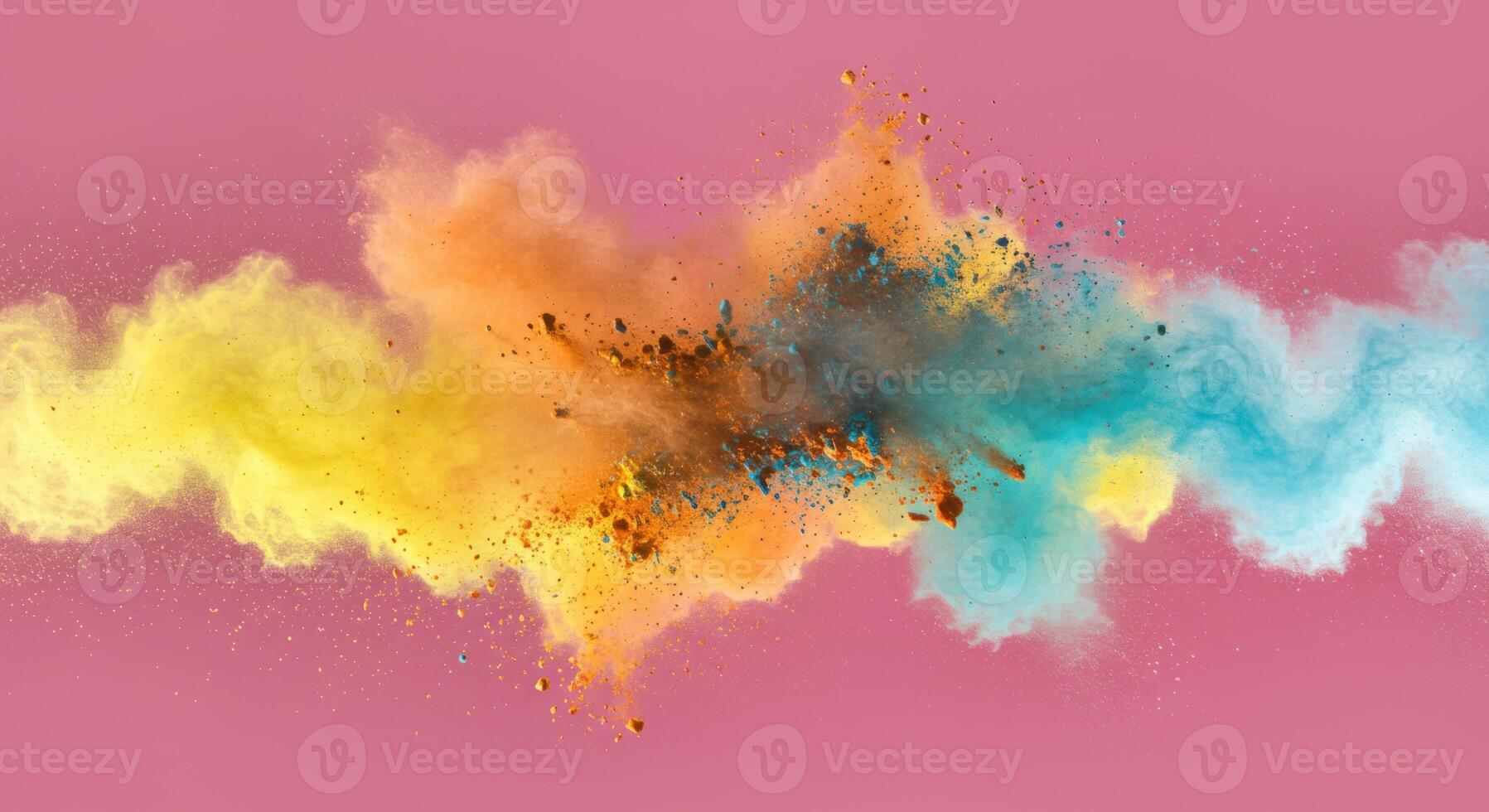 Colorful explosion of powder creating a dynamic burst of color against a soft pink backdrop. photo