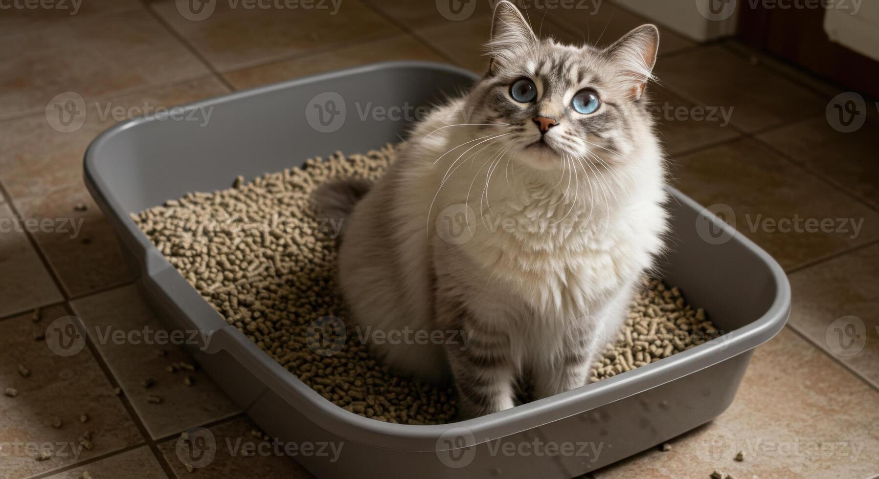 A gorgeous cat with striking blue eyes sits in its litter box, looking up with curiosity. photo