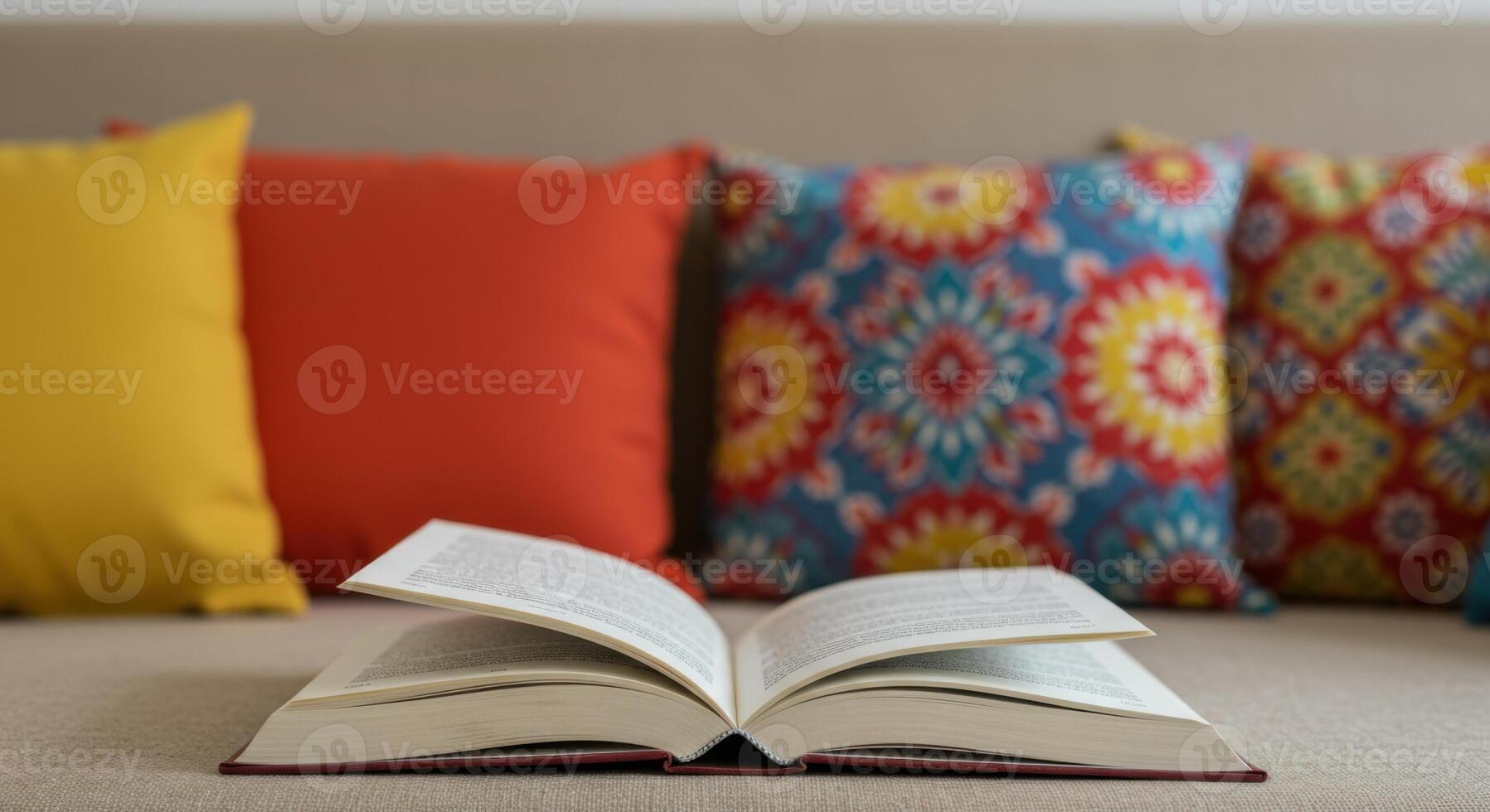 An open book on a couch with colorful pillows creating a relaxing reading scene. photo