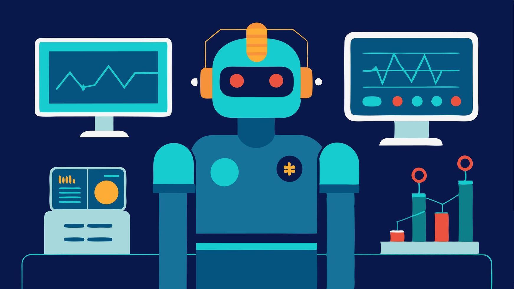 Sleep Study Robot A robot beside a patient in a sleep lab monitoring brain waves and breathing patterns with screens displaying analysis metrics.. vector