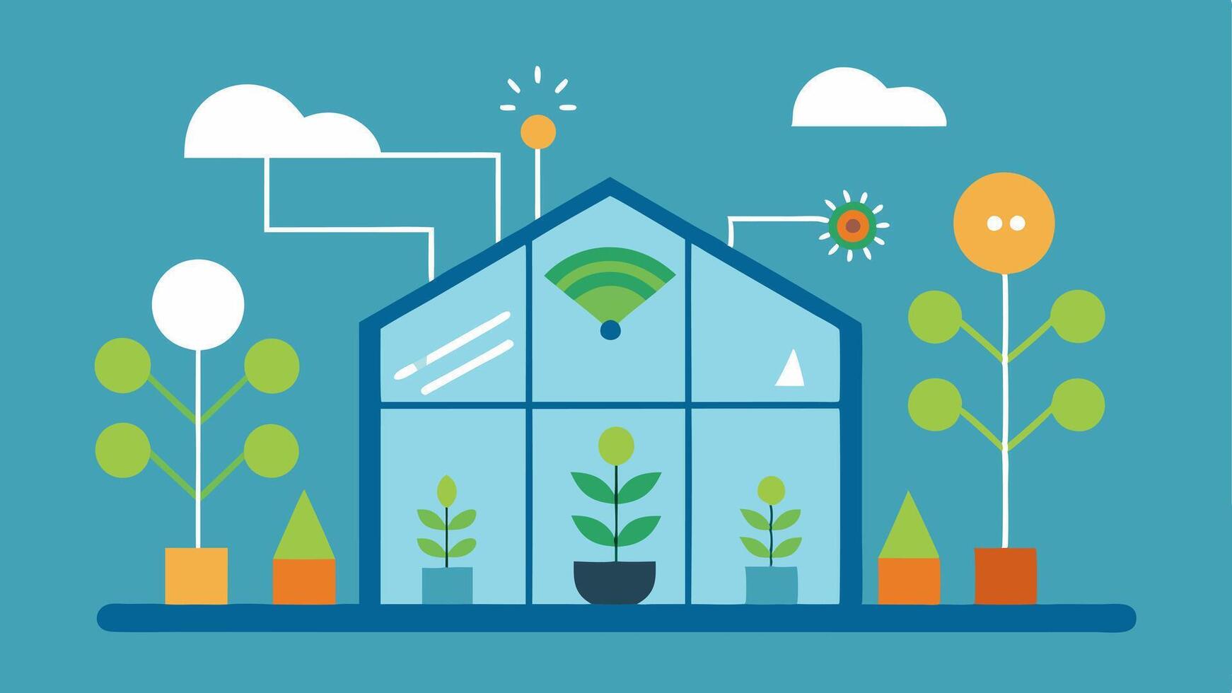 Smart Greenhouses A smart greenhouse with sensors monitoring temperature and humidity levels with an AI system adjusting conditions for optimal plant growth.. vector