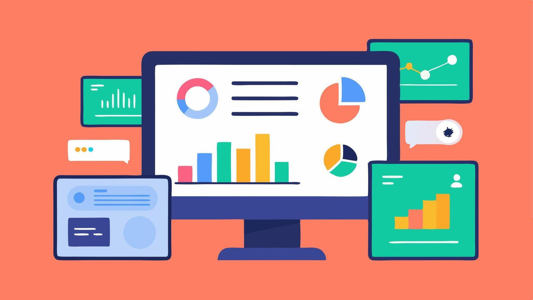 Resource Allocation A digital assistant monitoring resource usage on a dualscreen setup displaying graphs and charts indicating project statuses for different teams.. vector