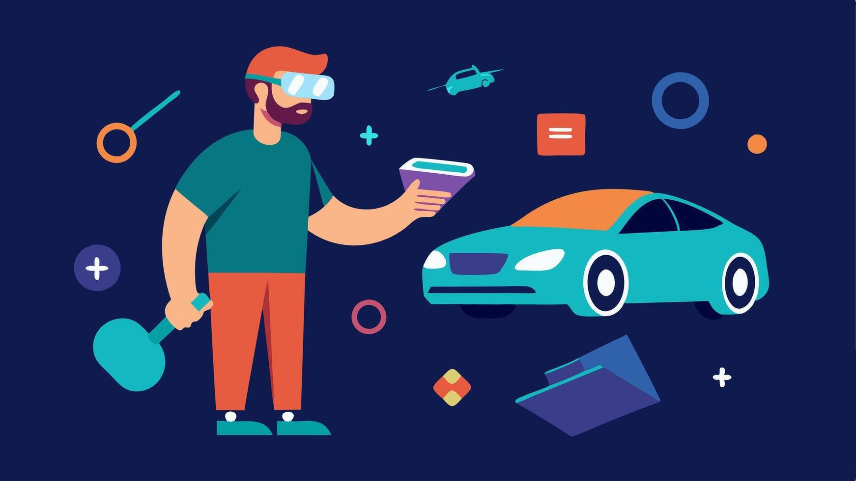 Sculpting in VR A designer using hand gestures to sculpt a virtual car body in augmented reality with tools and materials floating around.. vector