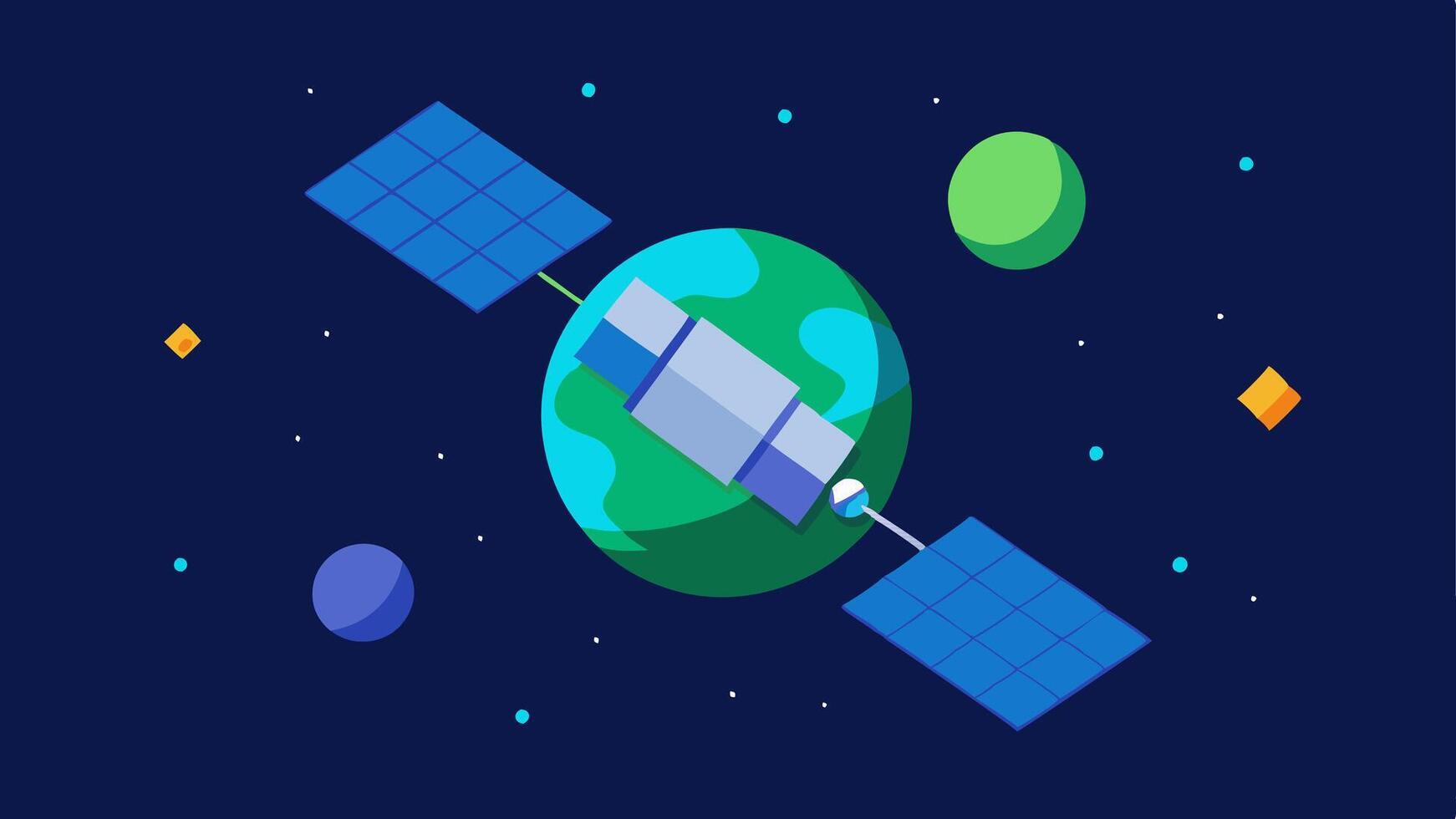 Satellite in Orbit A detailed satellite with solar arrays and antennas gliding above a blueandgreen planet surrounded by stars in a dark sky.. vector
