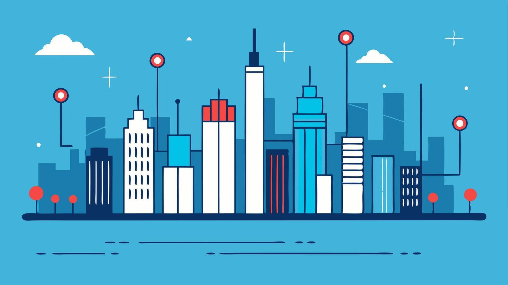 Smart City A city skyline where one half appears as a digital rendering with grid lines and data points while the other half is a realistic drawing of buildings and infrastructure.. vector