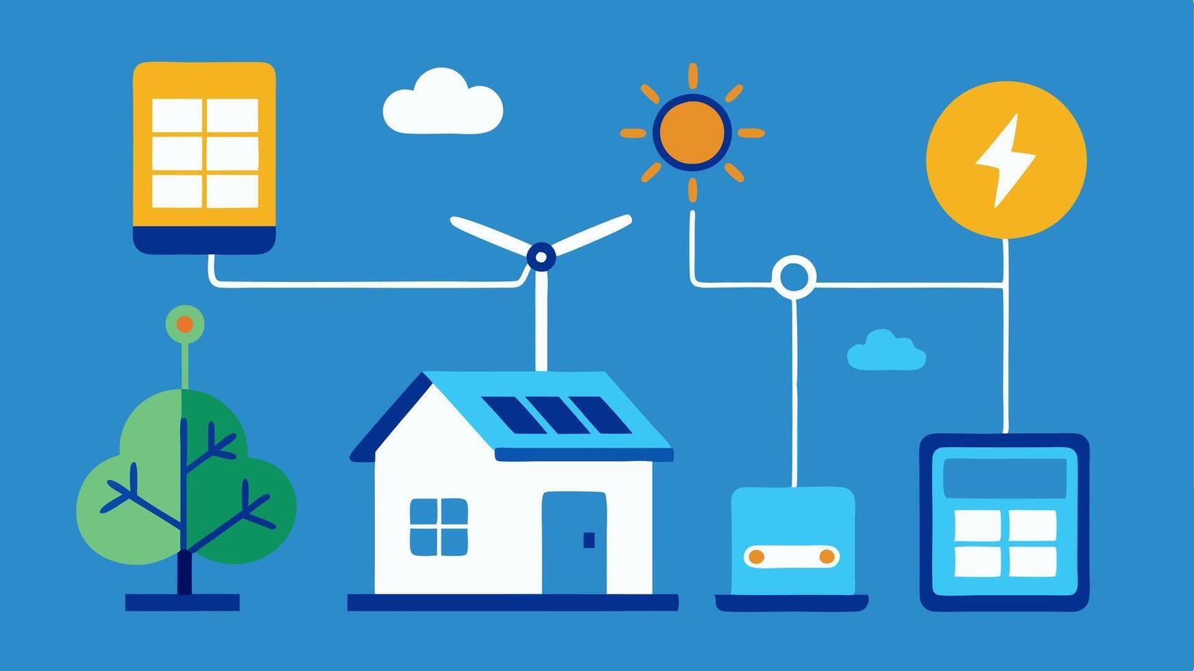 Smart Appliances An illustration showing smart home appliances connected to the grid that optimally use renewable energy during peak production times.. vector