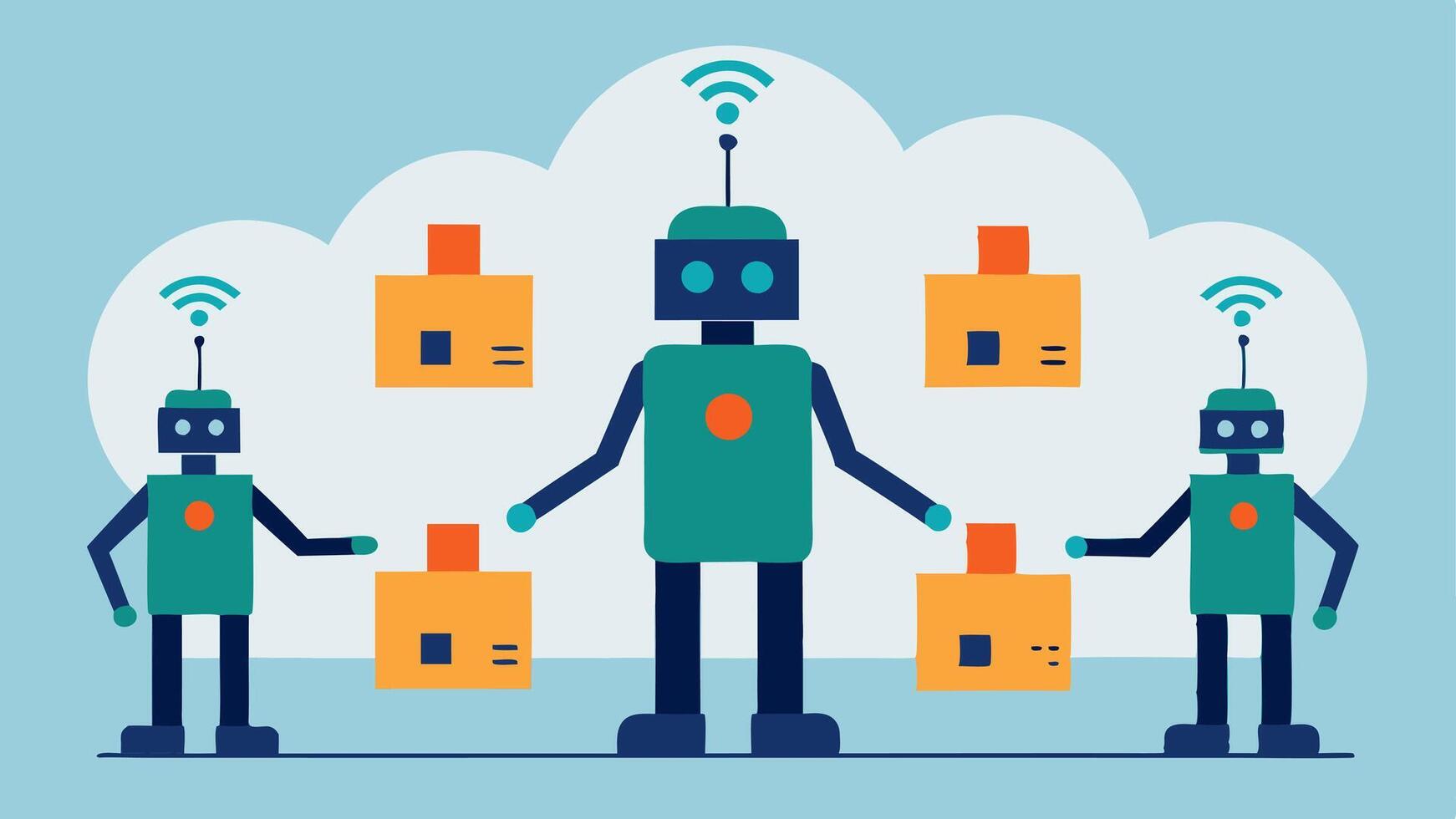 Robot Communication A group of autonomous robots communicating through visual signals indicating the status of operations while exchanging data in a connected warehouse. vector