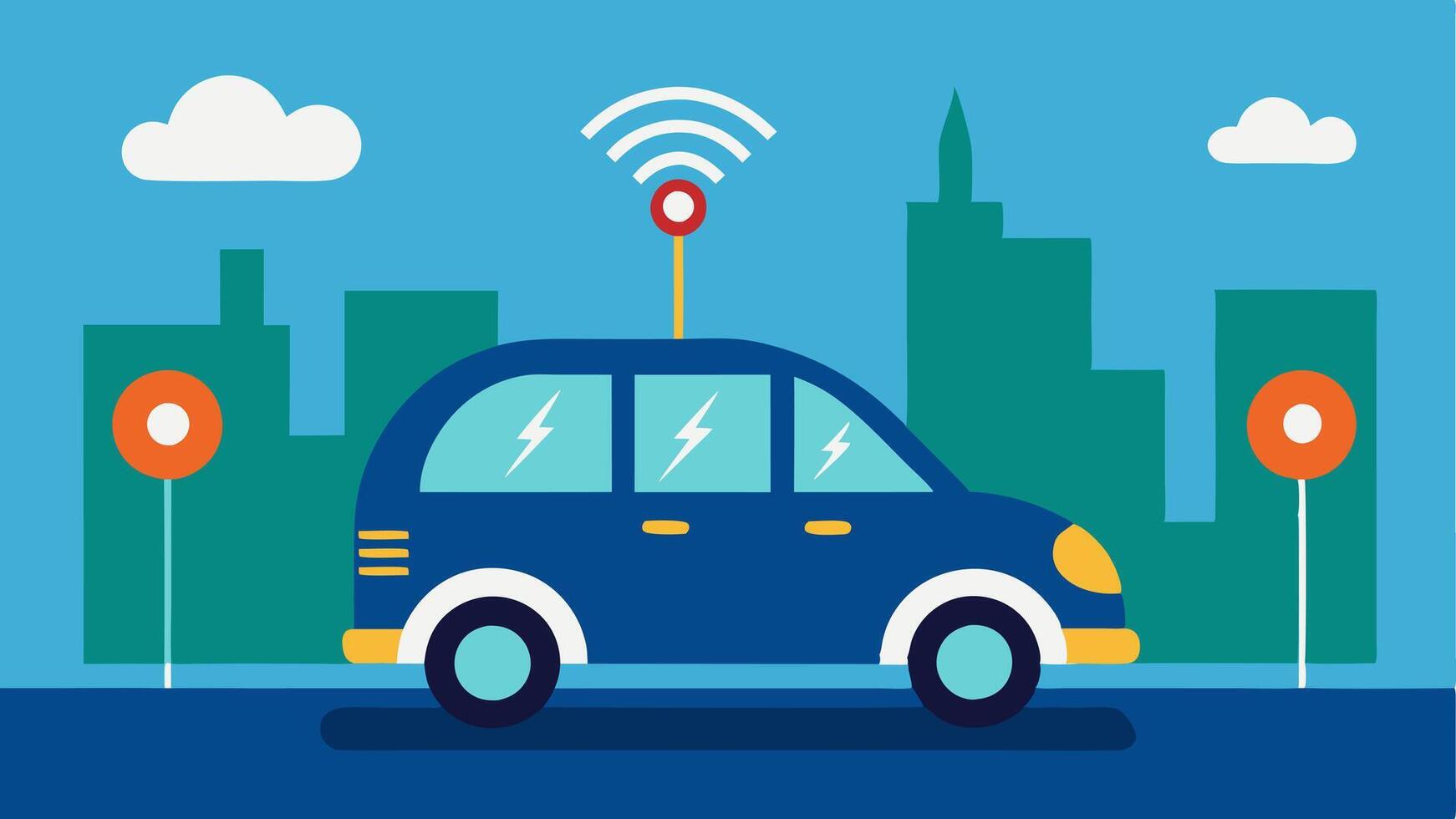 SelfDriving Vehicle A compact autonomous car with various sensors on its body driving along a city street with visual indicators illustrating its ability to detect and respond to. vector
