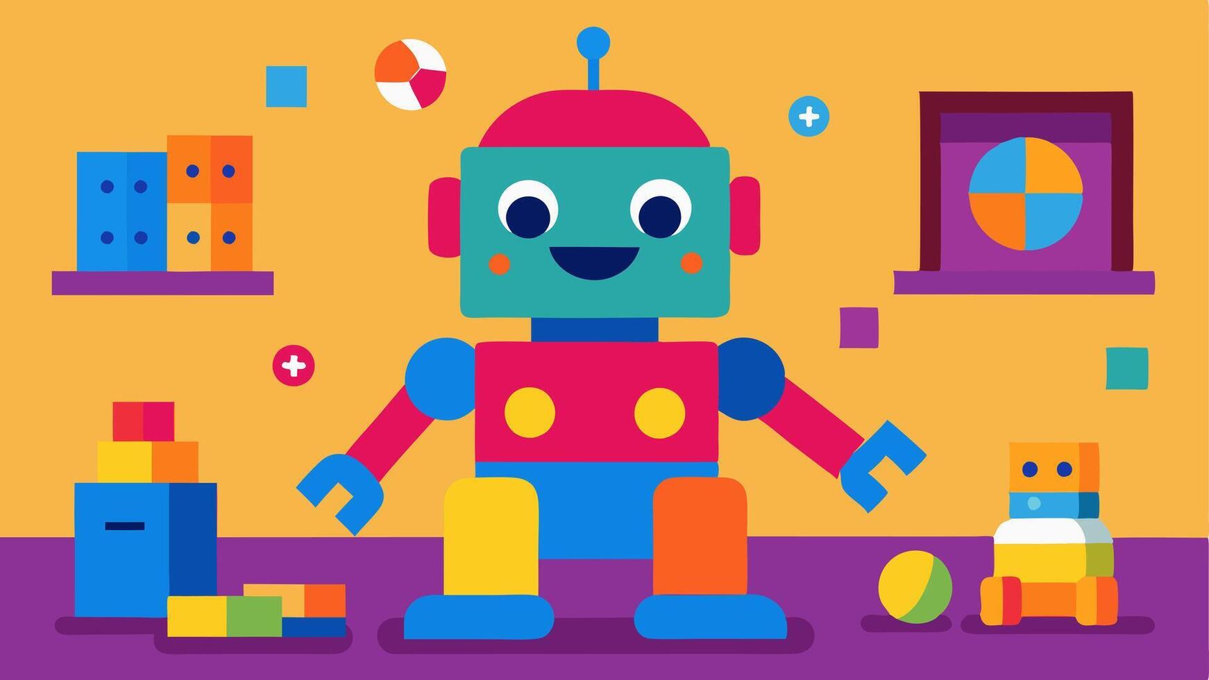 Robot Entertaining Kids A colorful robot is playing interactive games with children in a playroom surrounded by toys and laughter.. vector