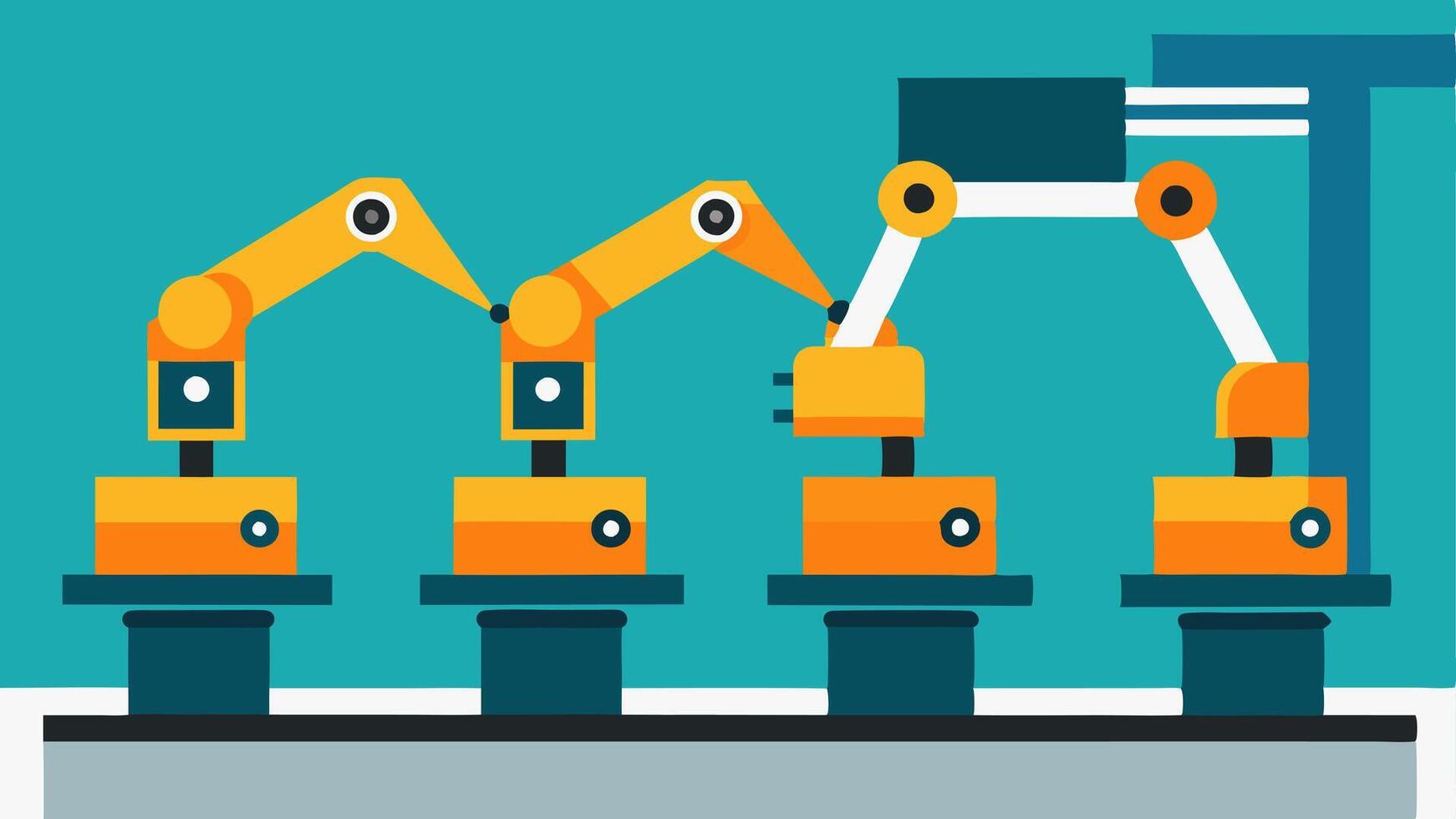 Robots on an Assembly Line A row of robotic arms equipped with various tools works in unison on an assembly line efficiently assembling electronic devices from start to finish.. vector