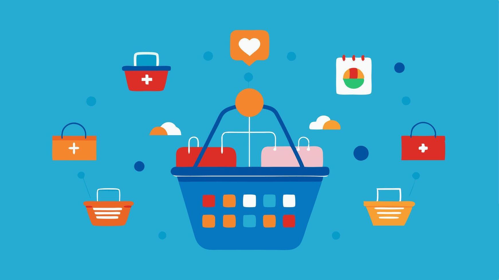 Shopping Basket Analysis An array of shopping baskets filled with products with small icons of AI analyzing the combinations of items purchased together.. vector