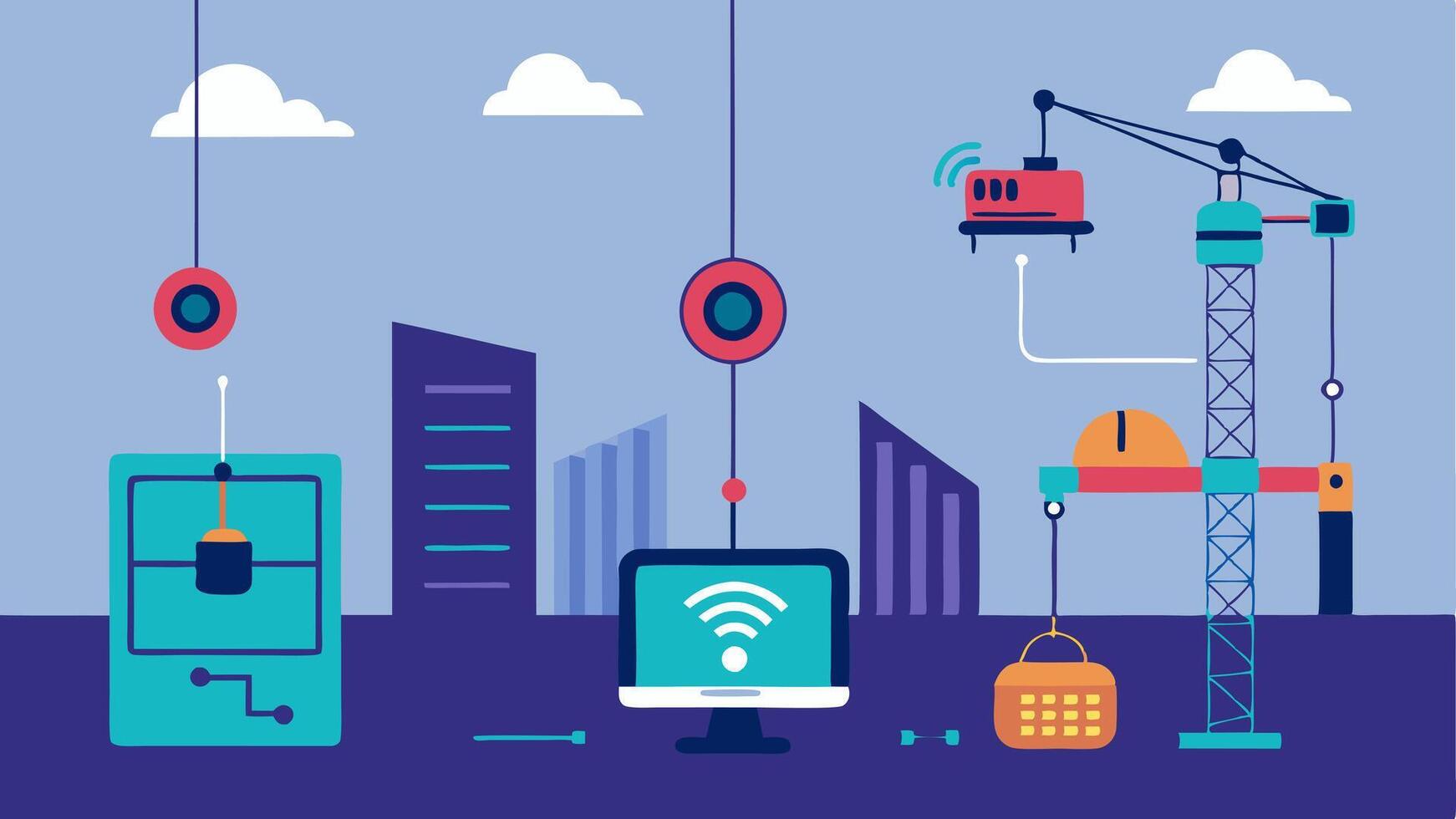 Sensors and Monitors An illustration with several sensors installed on a construction site connected to a central graphic showing the digital model being updated based on sensor. vector