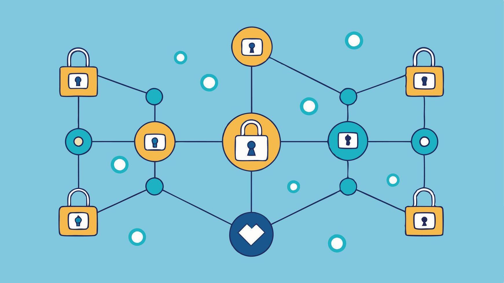 Secure Connections Nodes depicted as locked icons connected by lines emphasizing security and trust within the blockchain structure.. vector