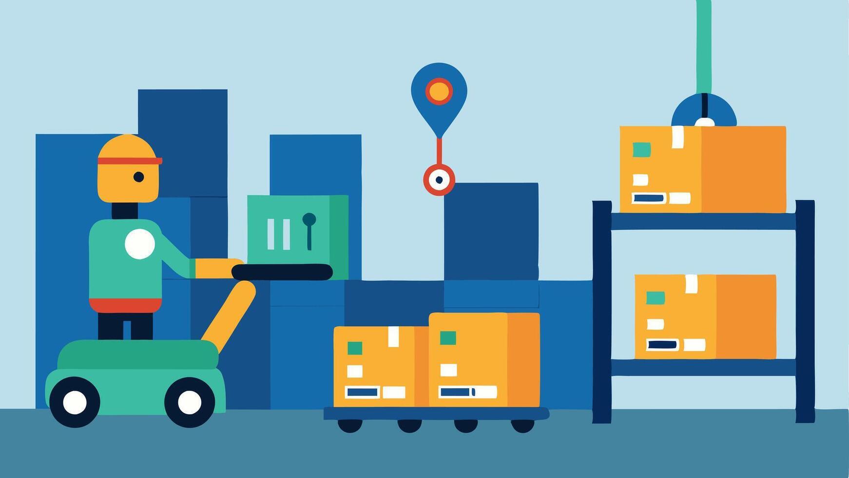 Robotic Pallets An illustration of autonomous robots transporting pallets filled with goods throughout a warehouse utilizing a smart navigation system.. vector