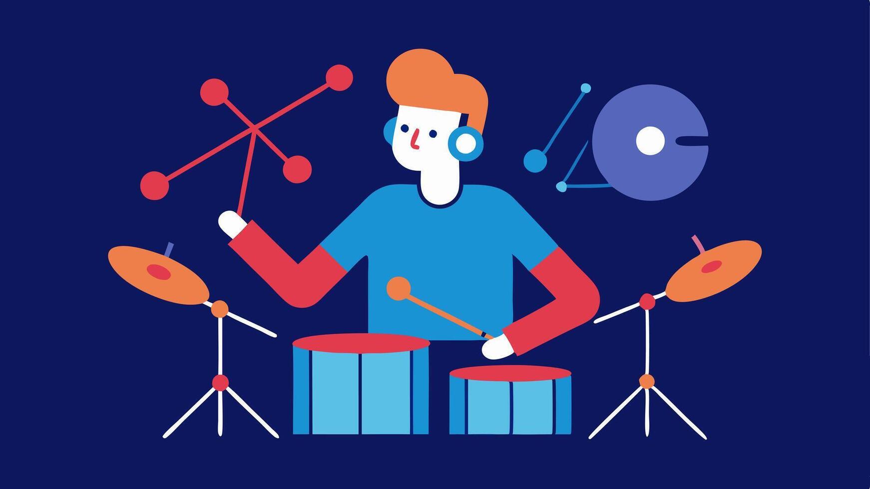 Rhythm Collaboration A drummer playing while an AI device detects the rhythm and generates complementary beats represented visually by animated rhythm patterns and energies. vector