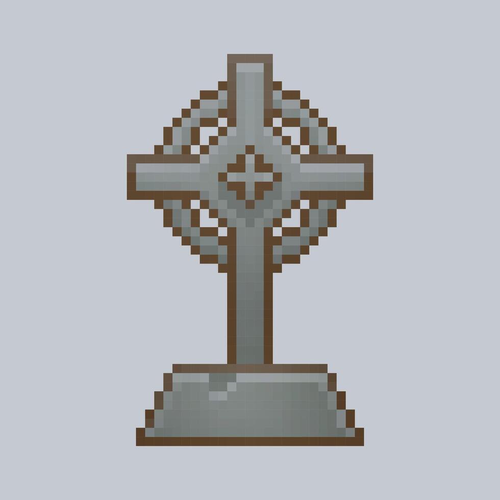 tombstone with cross sign in pixel art style vector