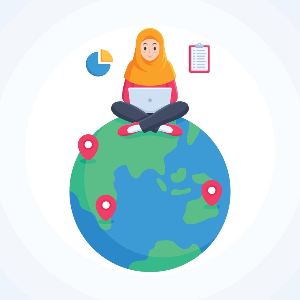 Muslim Woman Work From Anywhere Around the World Illustration Concept vector