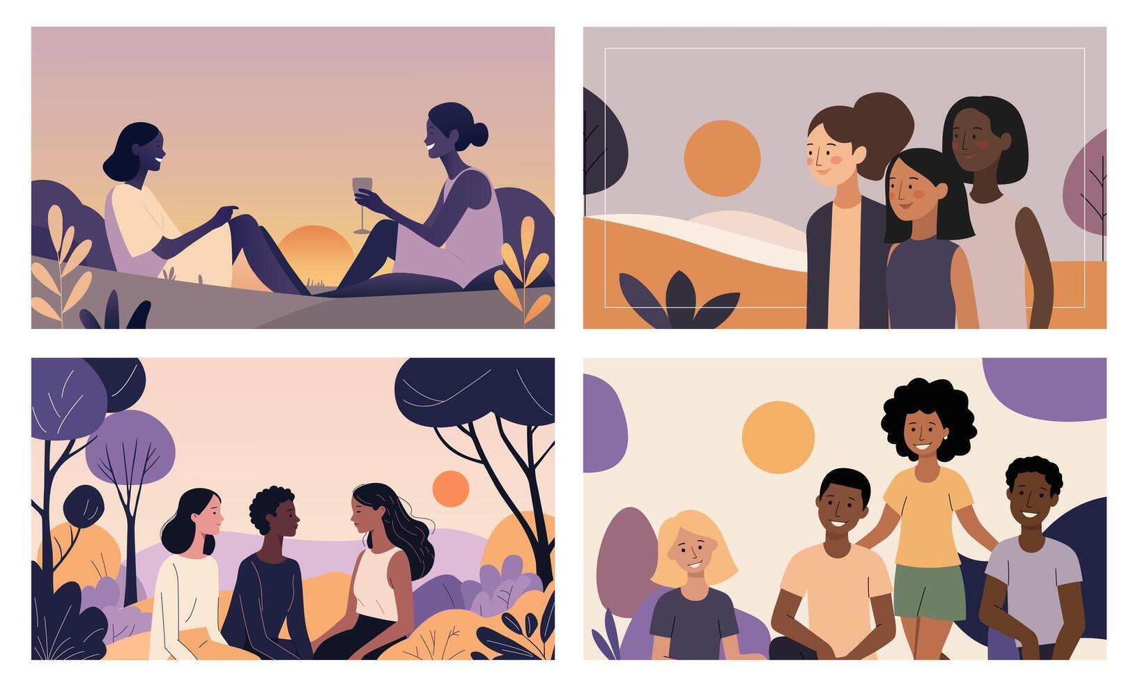 Friendship at sunset. Flat set of four scenes with people talking, playing, and enjoying time together vector