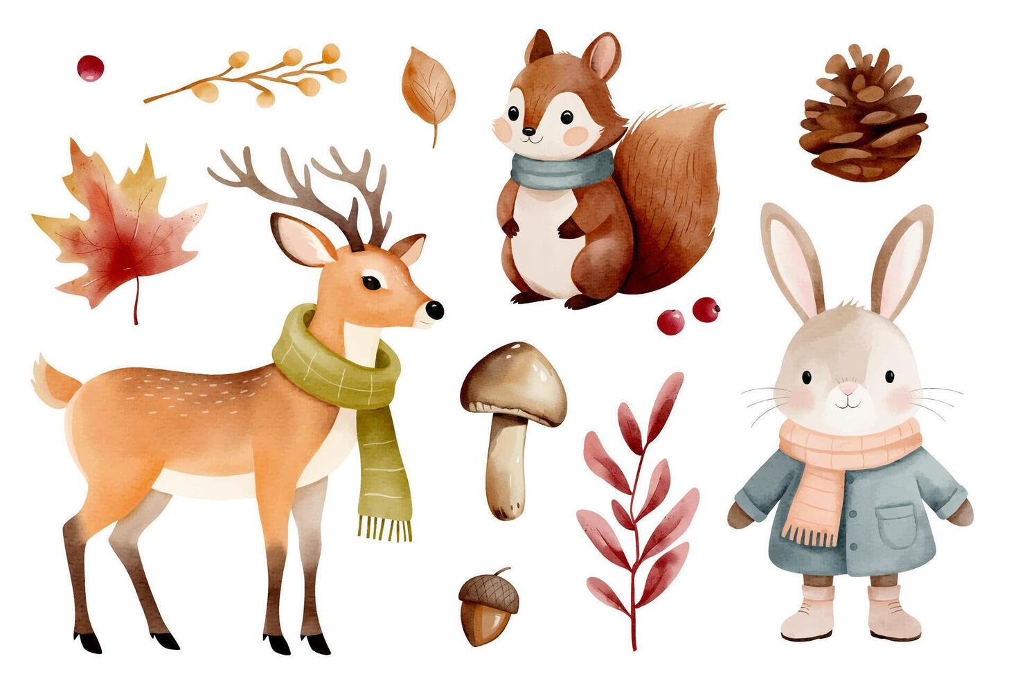 Watercolor autumn woodland animals in clothes. Deer, bunny, squirrel with mushroom, leaves and pinecone. vector