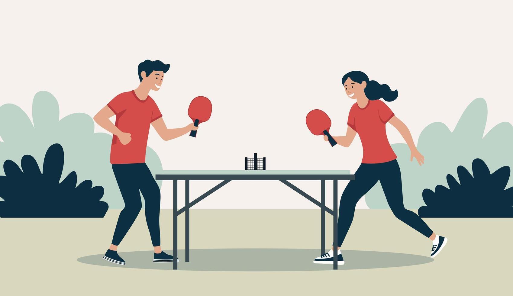 A minimalist flat illustration of two people playing table tennis outdoors. The scene feels fun and active. vector