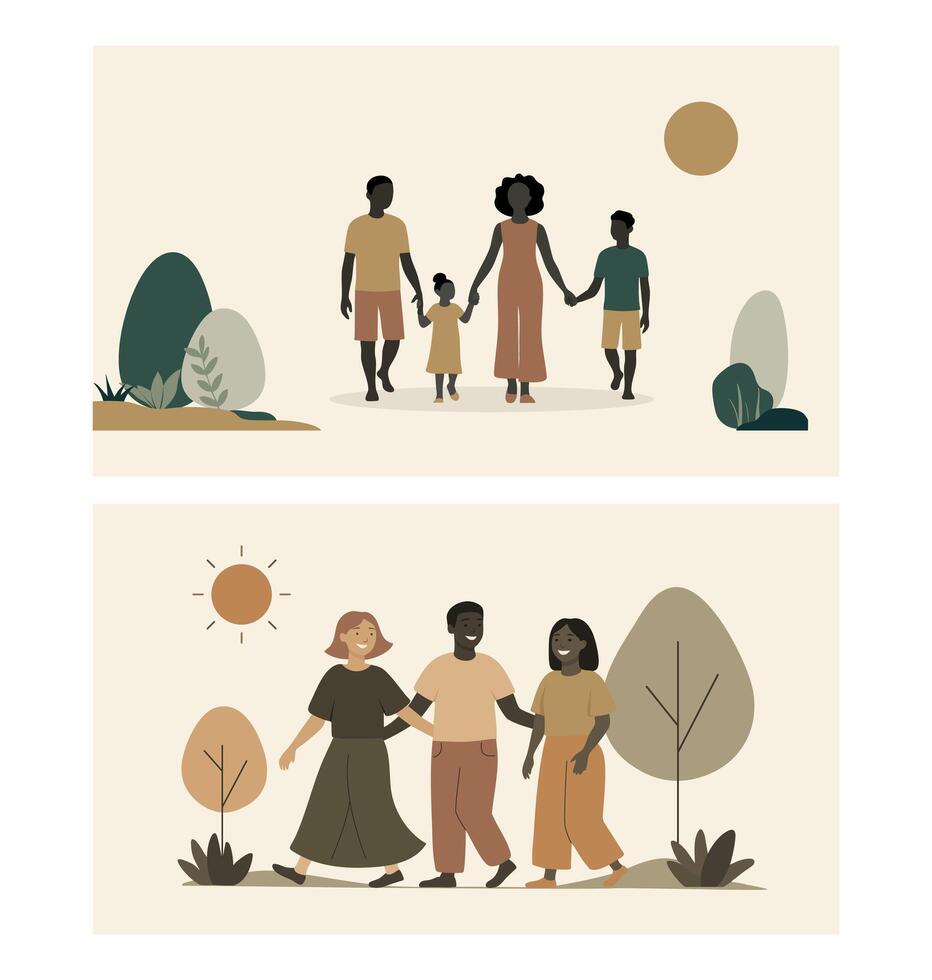 Two flat illustrations of family and friendship. Warm minimal scenes in beige and terracotta colors vector