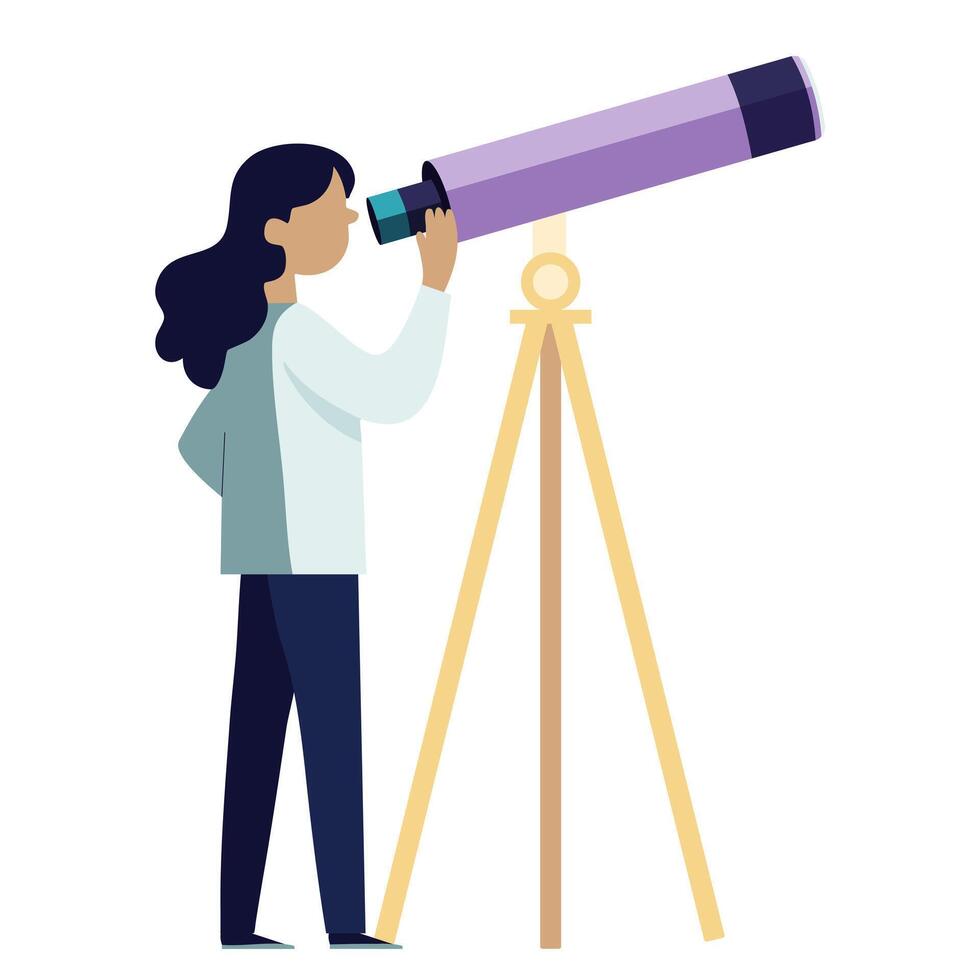 Flat style girl looking through telescope on white background. Night sky exploration vector