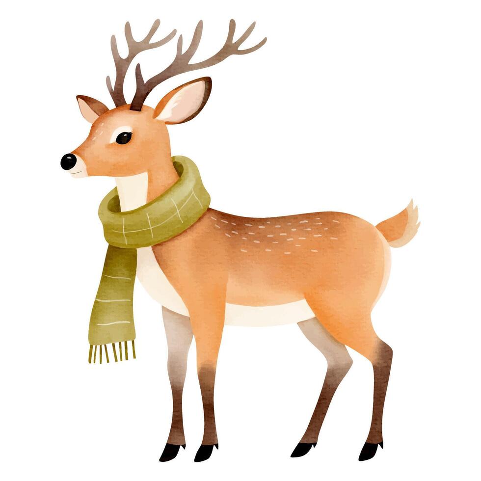 Watercolor deer in warm scarf. Hand painted illustration on white background vector