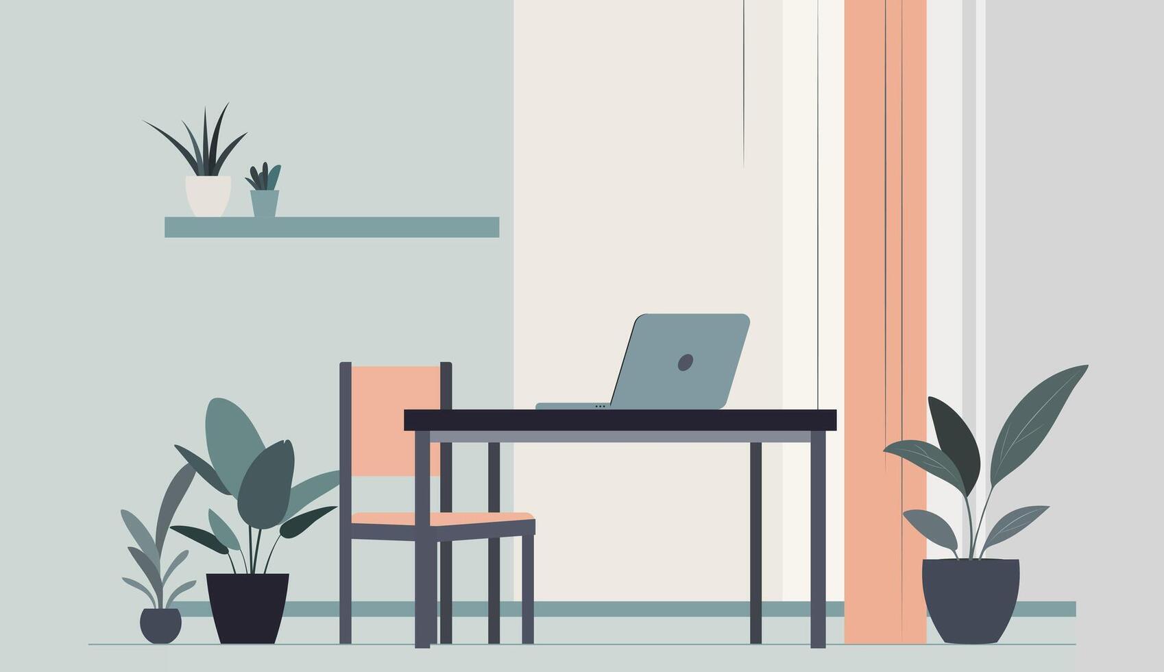 Minimalist workspace interior with desk, chair and laptop. Flat style background vector