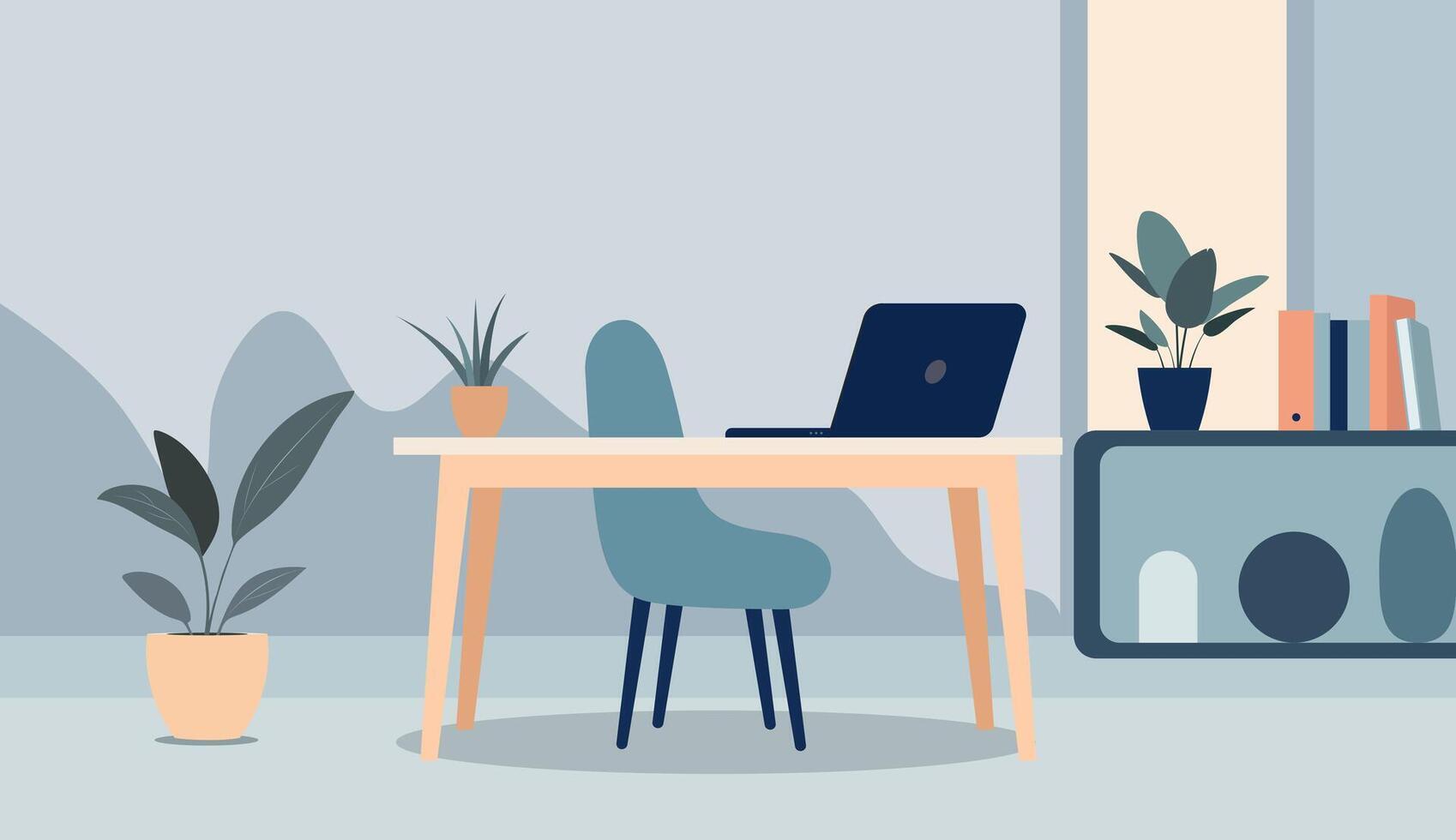 Simple work desk and laptop setup in clean flat style. Modern minimalist background vector