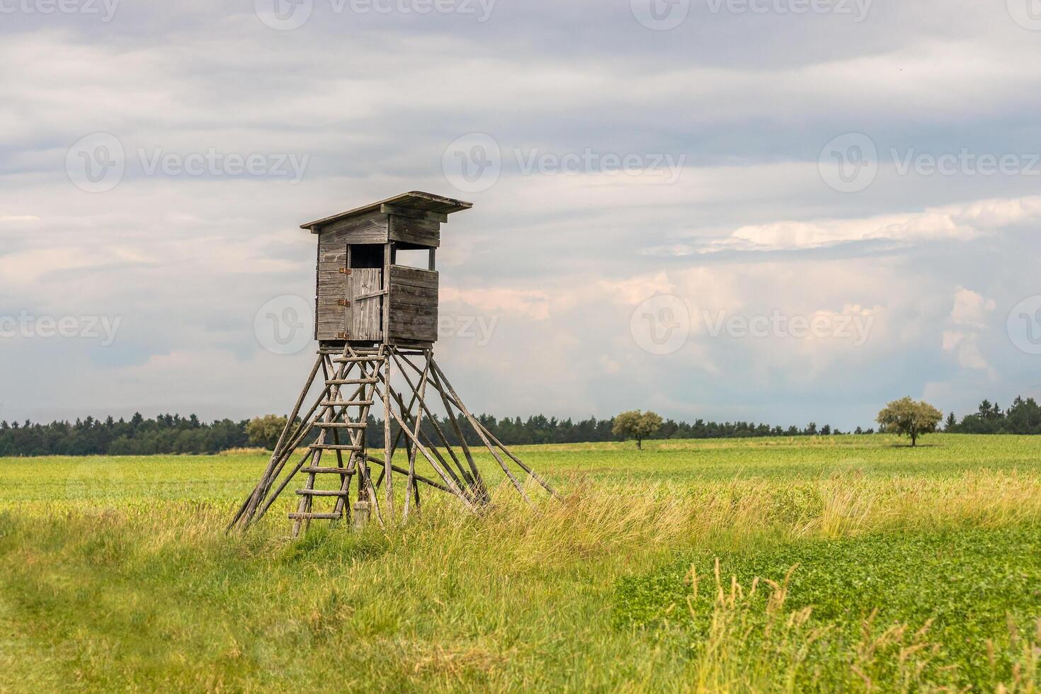 hunting blind on a field, in the background the sky with white clouds photo