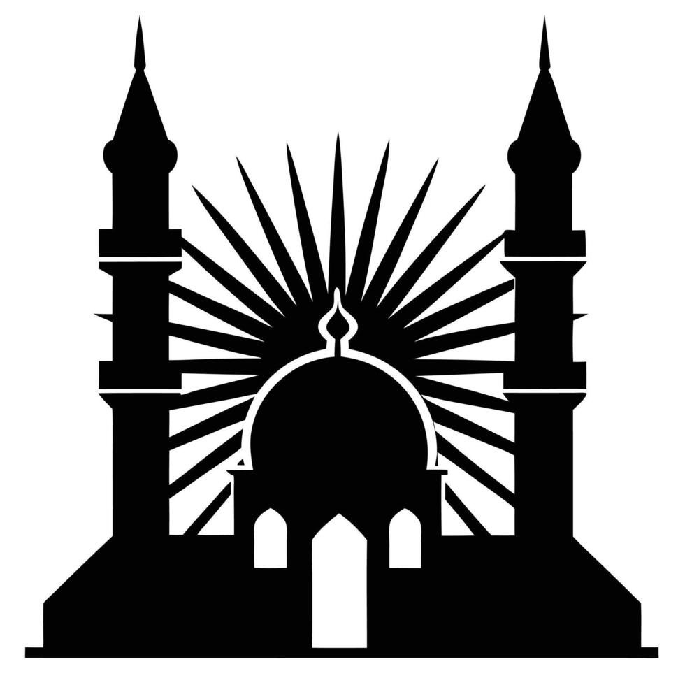 a silhouette of a mosque minaret with the sun risi vector