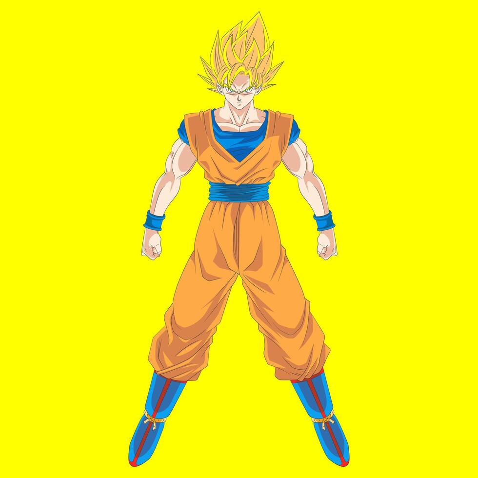 Illustration of Goku Super Saiyan with orange suit and yellow background vector