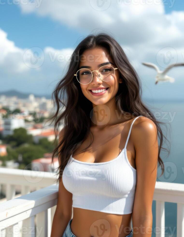 A beautiful young woman in glasses and a tank top smiling photo